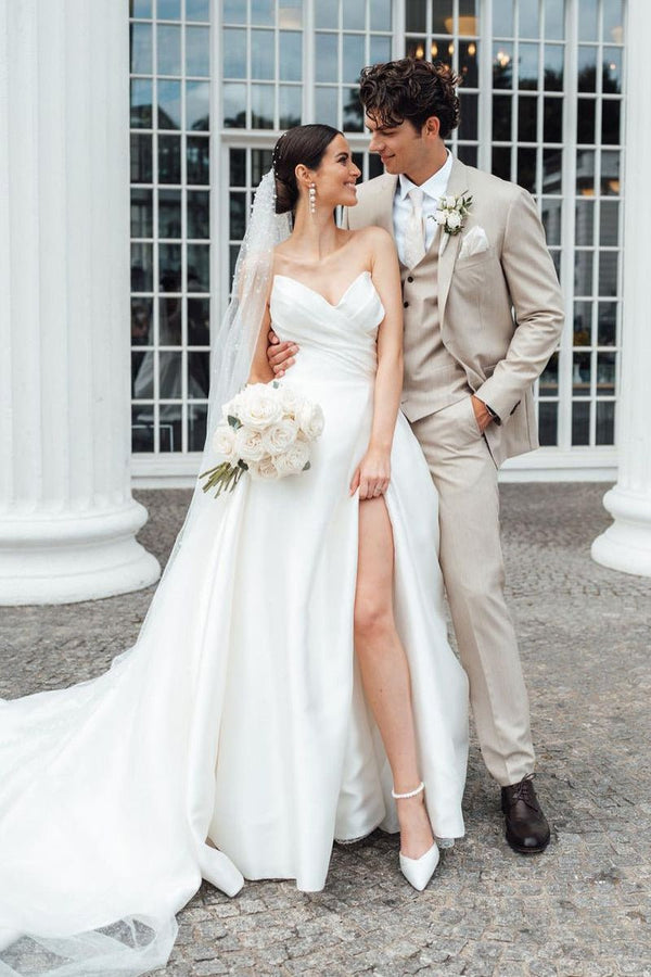 Elegant A-Line Strapless White Satin Wedding Dresses With Slit