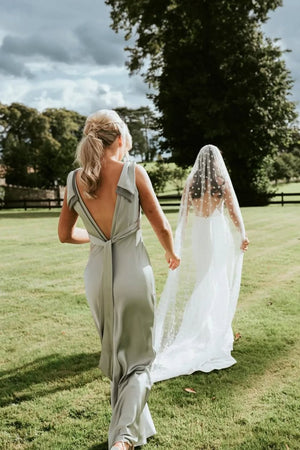 Sheath V Neck Sage Green Silk Satin Bridesmaid Dress with Bow – Bridesmaid Dresses by KissProm | Available at KissProm