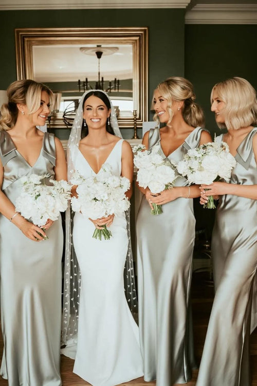 Sheath V Neck Sage Green Silk Satin Bridesmaid Dress with Bow – Bridesmaid Dresses by KissProm | Available at KissProm