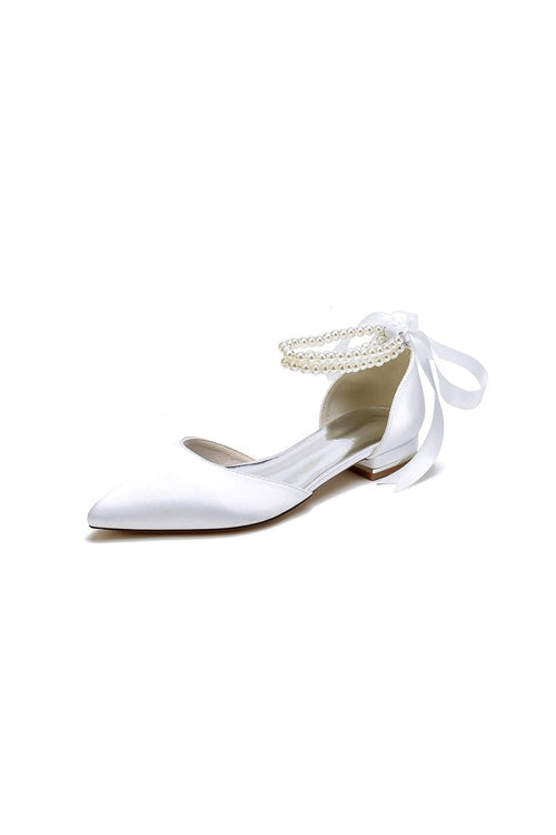 Pointed Toe Pearl Ribbon Ankle Strap Kitten Heels - KissProm