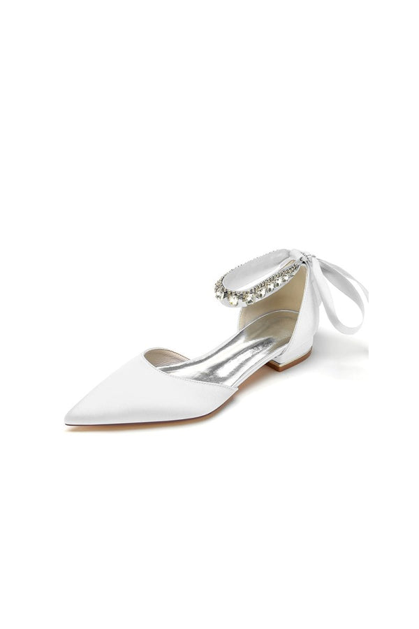 Rhinestone Ribbon Pointed Toe Ankle Strap Kitten Heels - KissProm