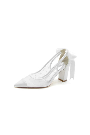 White Mesh Pump with Elegant Bow Detail and Transparent Overlay - KissProm