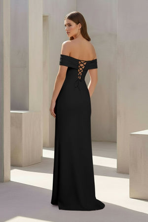 Pink Off The Shoulder Sheath Satin Pleated Long Formal Prom Dresses With Slit – Prom Dress by KissProm | Available at KissProm