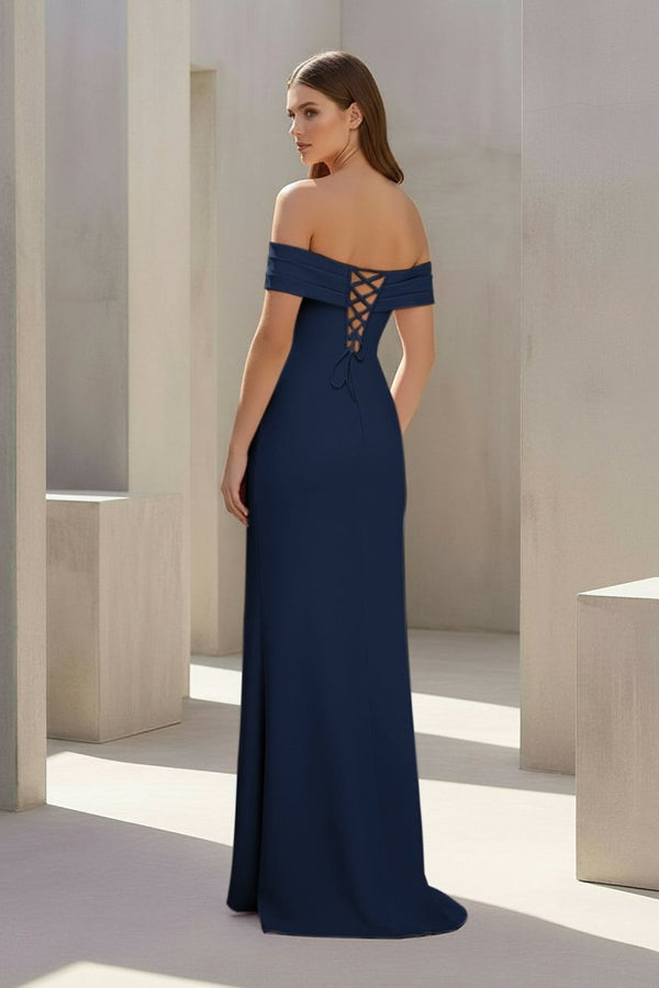 Pink Off The Shoulder Sheath Satin Pleated Long Formal Prom Dresses With Slit – Prom Dress by KissProm | Available at KissProm