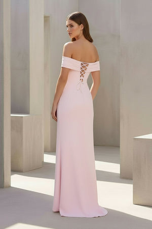 Pink Off The Shoulder Sheath Satin Pleated Long Formal Prom Dresses With Slit – Prom Dress by KissProm | Available at KissProm