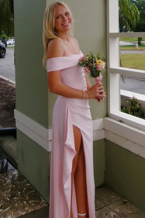 Pink Off The Shoulder Sheath Satin Pleated Long Formal Prom Dresses With Slit – Prom Dress by KissProm | Available at KissProm