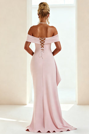 Pink Off The Shoulder Sheath Satin Pleated Long Formal Prom Dresses With Slit – Prom Dress by KissProm | Available at KissProm