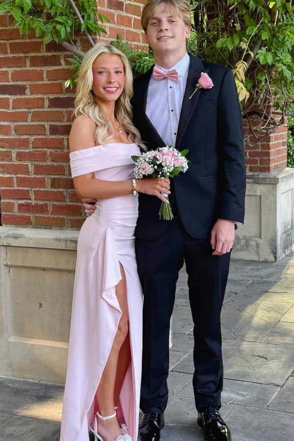 Pink Off The Shoulder Sheath Satin Pleated Long Formal Prom Dresses With Slit – Prom Dress by KissProm | Available at KissProm