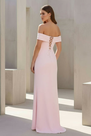 Pink Off The Shoulder Sheath Satin Pleated Long Formal Prom Dresses With Slit – Prom Dress by KissProm | Available at KissProm