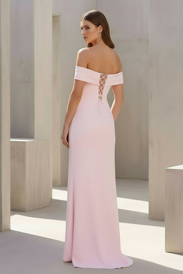 Pink Off The Shoulder Sheath Satin Pleated Long Formal Prom Dresses With Slit – Prom Dress by KissProm | Available at KissProm