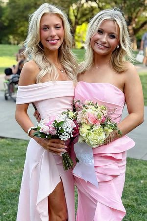 Pink Off The Shoulder Sheath Satin Pleated Long Formal Prom Dresses With Slit – Prom Dress by KissProm | Available at KissProm