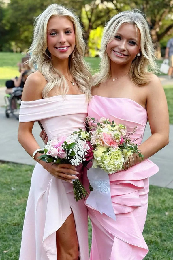 Pink Off The Shoulder Sheath Satin Pleated Long Formal Prom Dresses With Slit – Prom Dress by KissProm | Available at KissProm