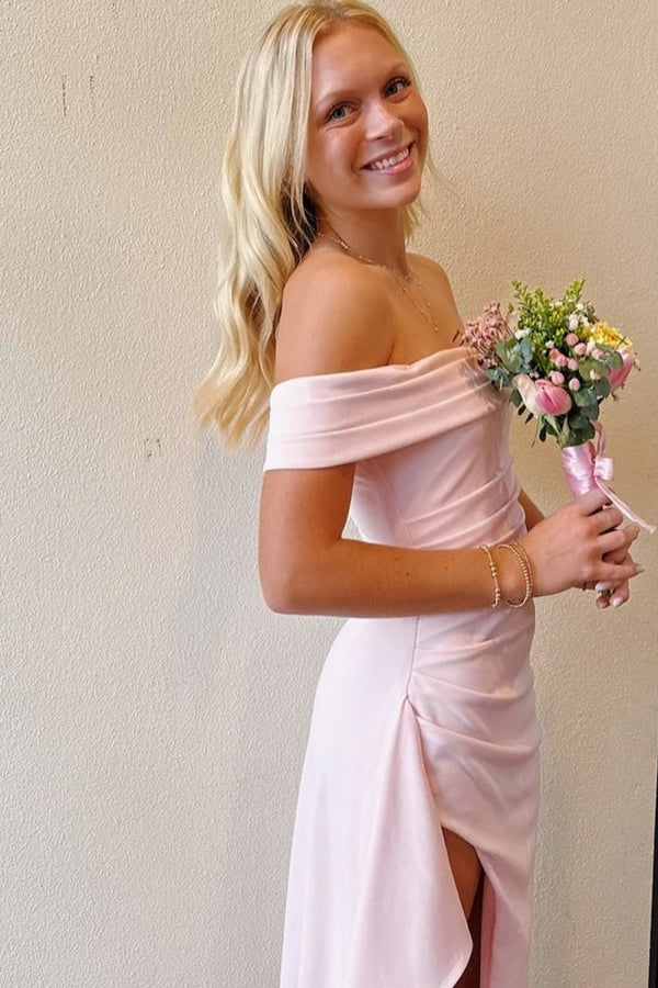 Pink Off The Shoulder Sheath Satin Pleated Long Formal Prom Dresses With Slit – Prom Dress by KissProm | Available at KissProm
