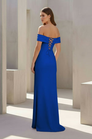 Pink Off The Shoulder Sheath Satin Pleated Long Formal Prom Dresses With Slit – Prom Dress by KissProm | Available at KissProm
