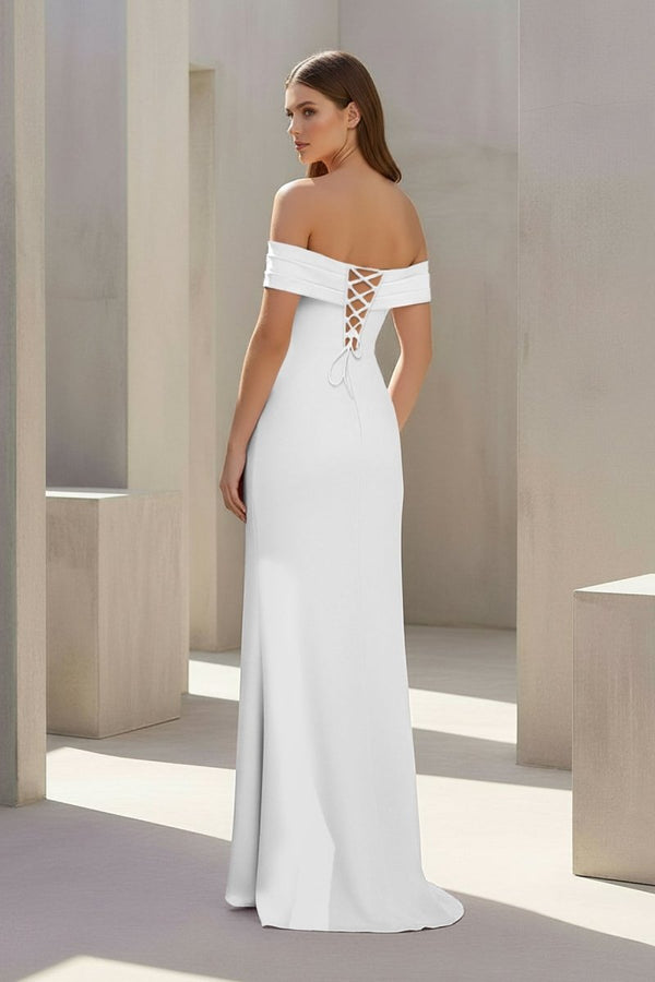 Pink Off The Shoulder Sheath Satin Pleated Long Formal Prom Dresses With Slit – Prom Dress by KissProm | Available at KissProm