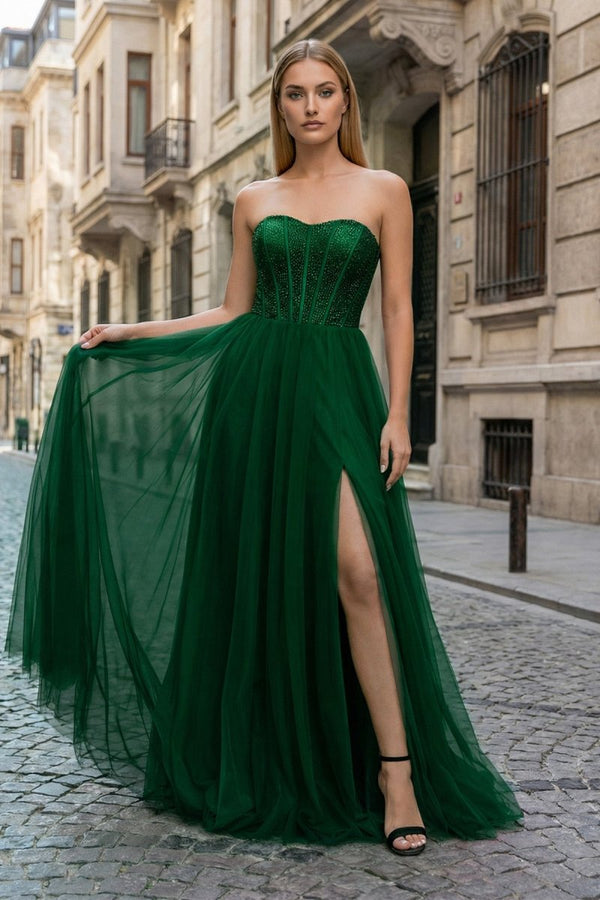 A - Line Sweetheart Beads Empire - Waist Sleeveless Prom Dress With Slit - KissProm