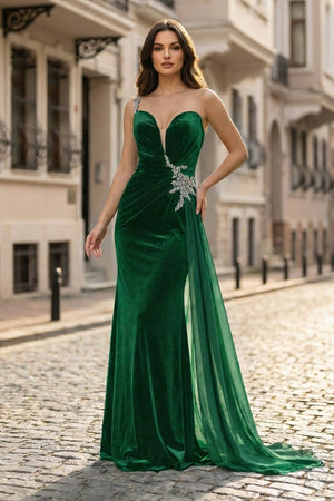 Black Rhinestone One Shoulder A Line Prom Dress with Slit - KissProm