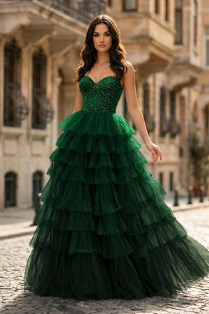 Spaghetti Straps Sweetheart Layered Tulle Formal Prom Dress with Slit - KissProm