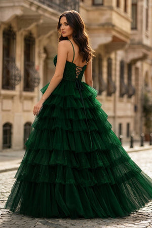 Spaghetti Straps Sweetheart Layered Tulle Formal Prom Dress with Slit - KissProm