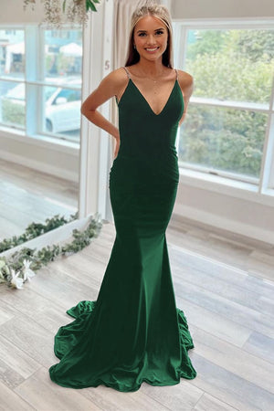 Dark Green Beaded V-Neck Backless Mermaid Long Prom Dress -KissProm