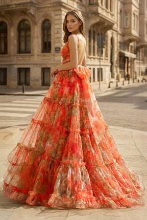 Orange Two Piece V - Neck Floral Printed Long Prom Dress - KissProm