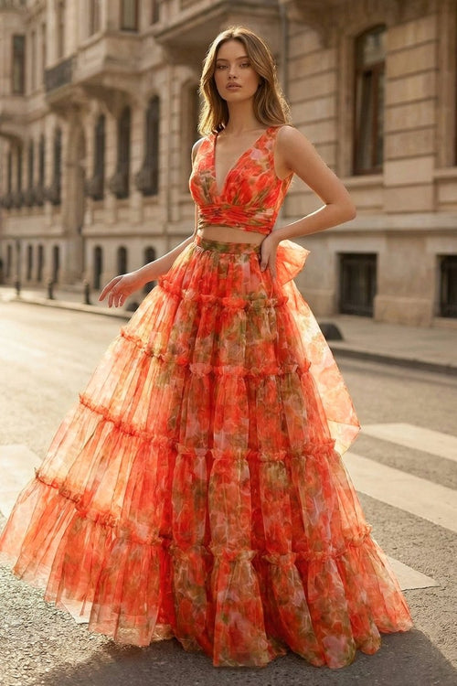 Orange Two Piece V - Neck Floral Printed Long Prom Dress - KissProm
