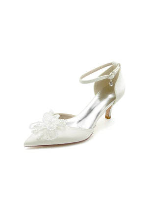 Floral Pointed Toe Beading Kitten Heels - KissProm