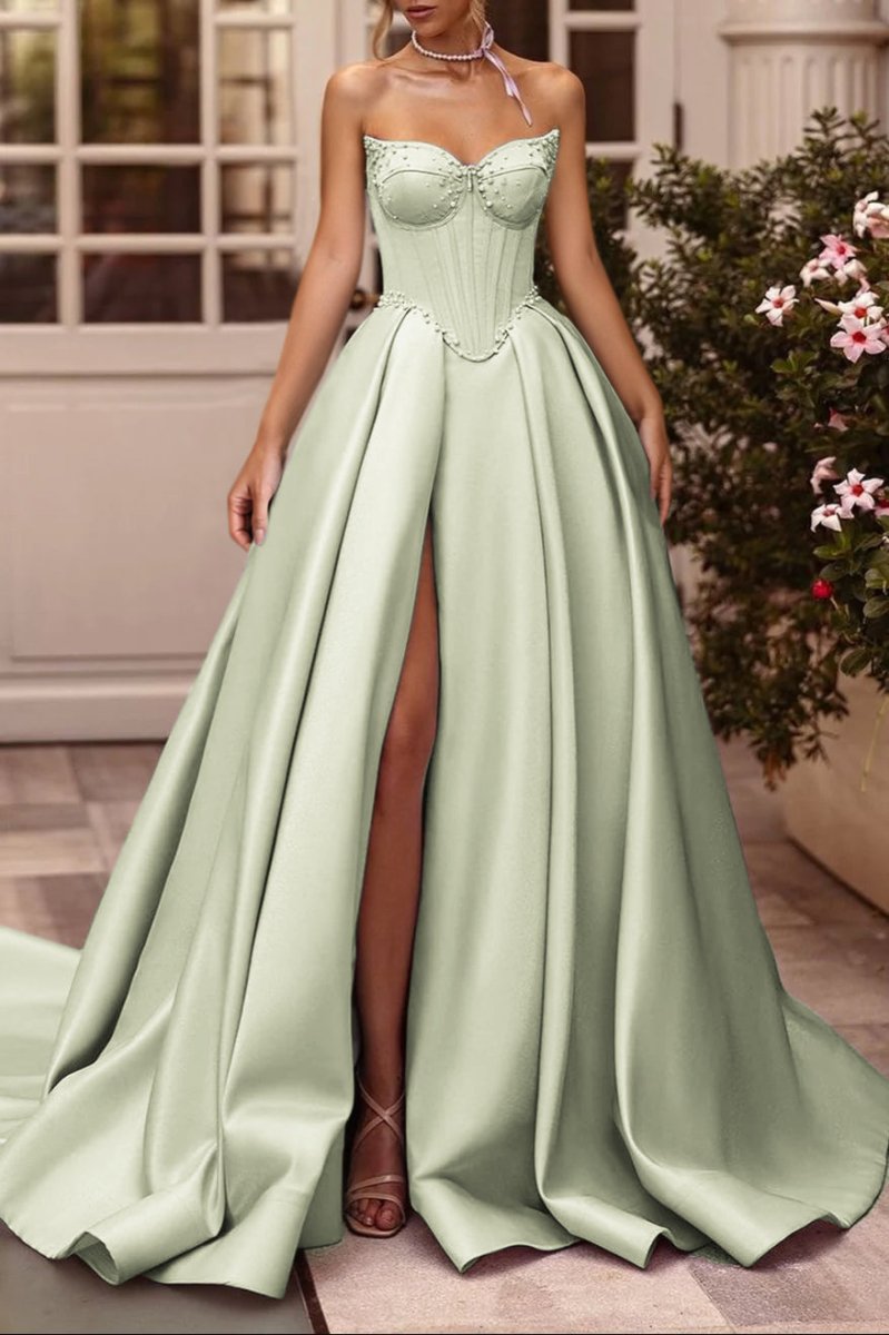 A-Line Lilac Sweetheart Satin Long Corset Prom Dress with Slit (Gloves are not Included) – Prom Dresses by KissProm | Available at KissProm