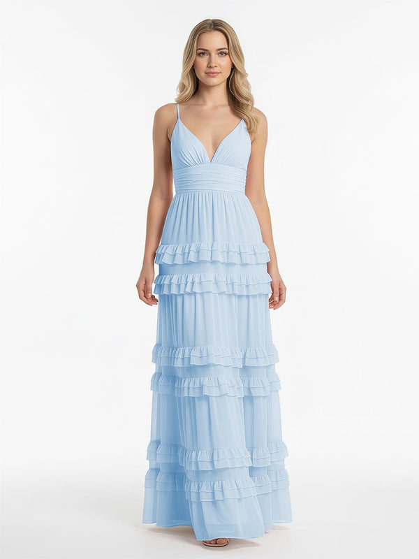 Decebal | A Line Pink Chiffon Tiered Ruffles Long Prom Dress - KissProm
