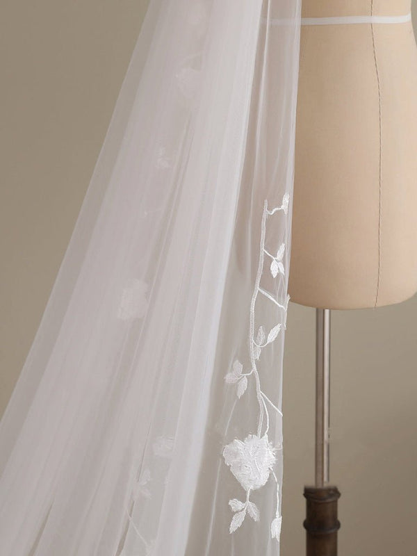 Delicate 3D Flower Lace Cathedral Veil Bridal Veil Wedding Veil - KissProm