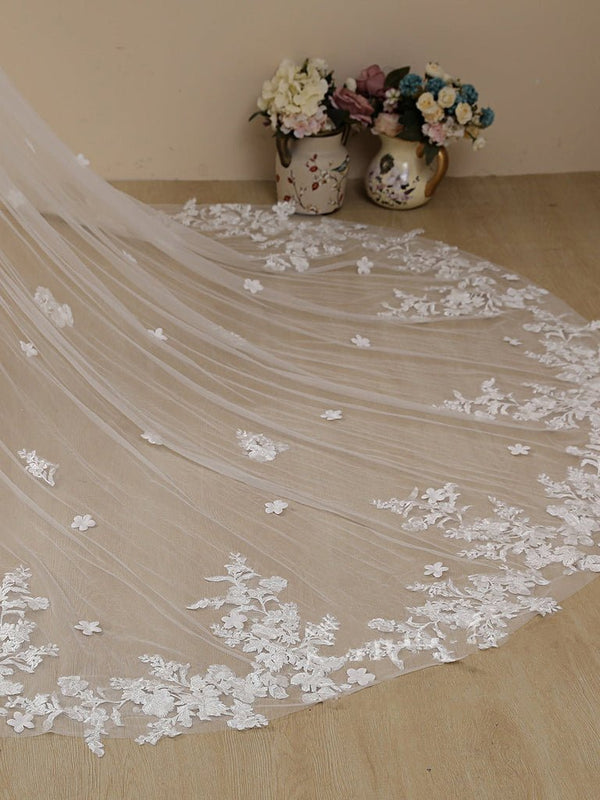 Delicate Flower Lace Cathedral Veil Bridal Veil Wedding Veil - KissProm