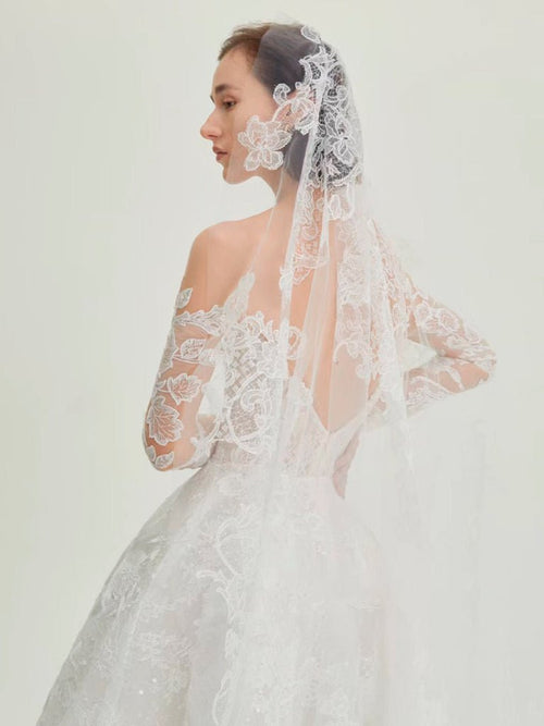 Delicated Lace Traditional Drop Veils Ivory Tulle & Lace Wedding Veil - KissProm