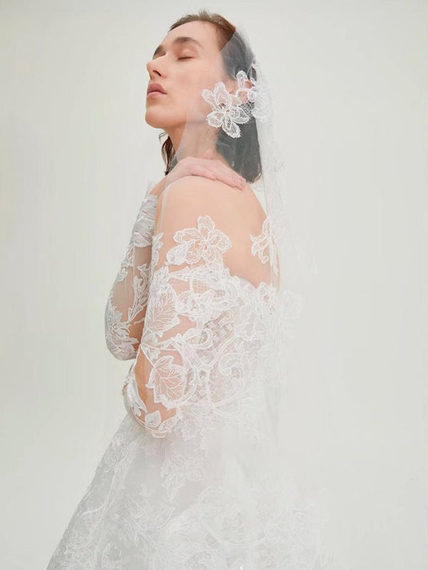 Delicated Lace Traditional Drop Veils Ivory Tulle & Lace Wedding Veil - KissProm