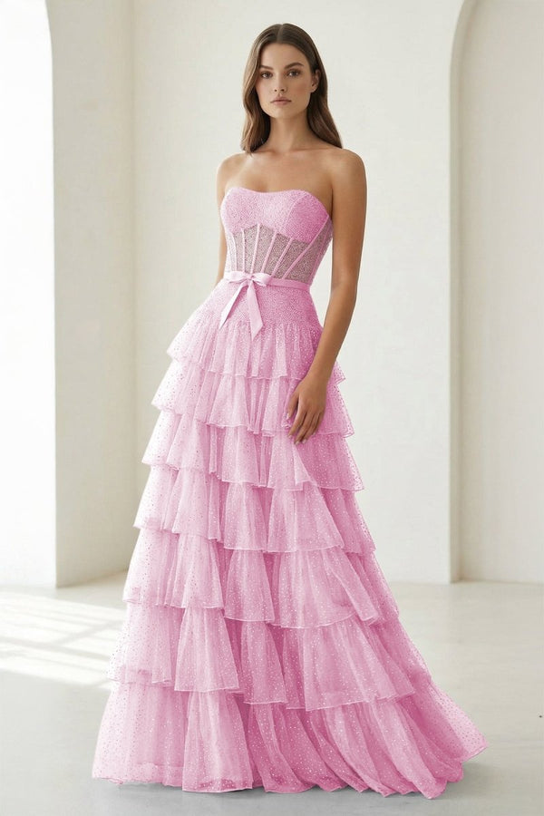Deloria | Pink - White Strapless A Line Tulle Ruffled Formal Prom Dresses With Beading - KissProm