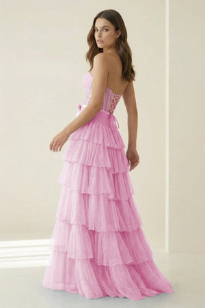 Deloria | Pink - White Strapless A Line Tulle Ruffled Formal Prom Dresses With Beading - KissProm
