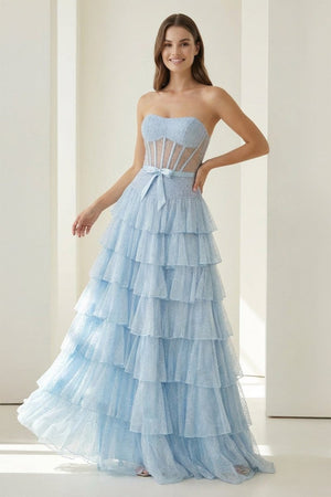 Deloria | Sky Blue - Strapless A Line Tulle Ruffled Formal Prom Dresses With Beading - KissProm
