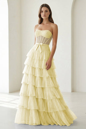 Deloria | Yellow - Strapless A Line Tulle Ruffled Formal Prom Dresses With Beading-KissProm