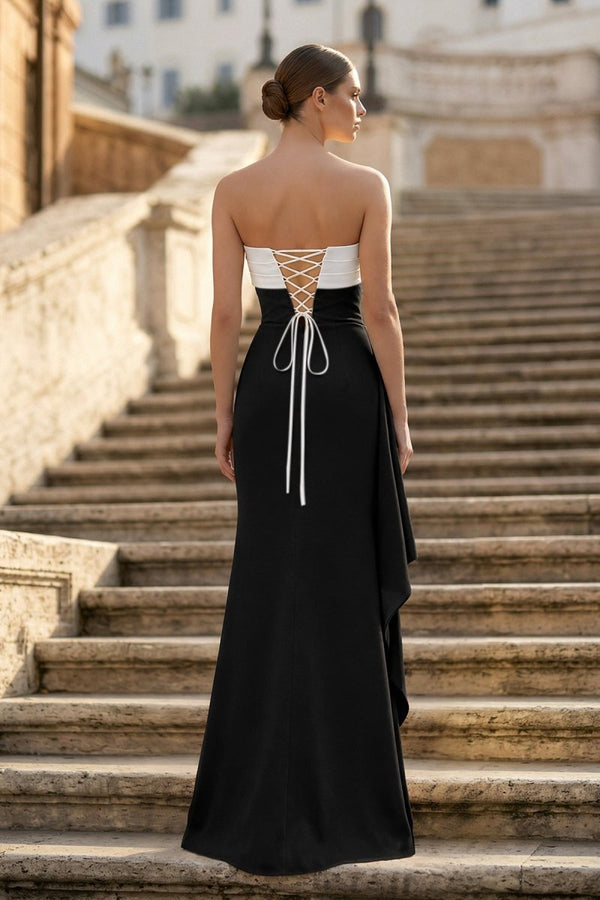 Black - White - Mermaid Strapless Satin Pleated Long Prom Dress with Slit - KissProm