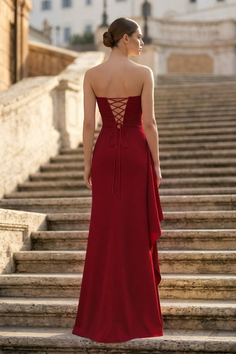 Burgundy - Mermaid Strapless Satin Pleated Long Prom Dress with Slit - KissProm