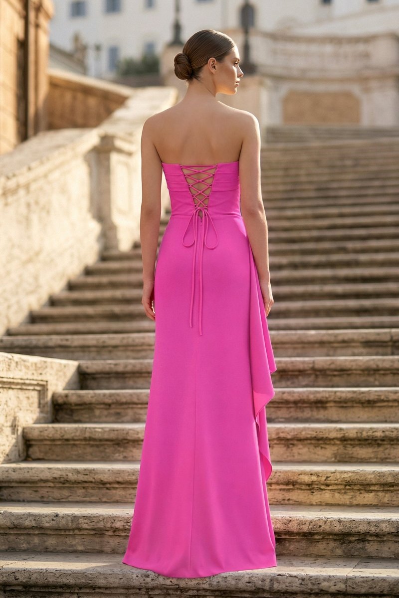 Fuchsia - Mermaid Strapless Satin Pleated Long Prom Dress with Slit - KissProm