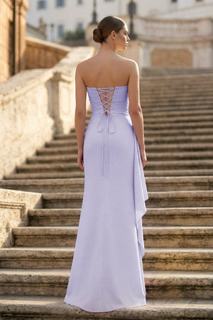 Lavender - Mermaid Strapless Satin Pleated Long Prom Dress with Slit - KissProm