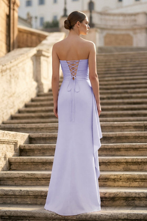 Lavender - Mermaid Strapless Satin Pleated Long Prom Dress with Slit - KissProm