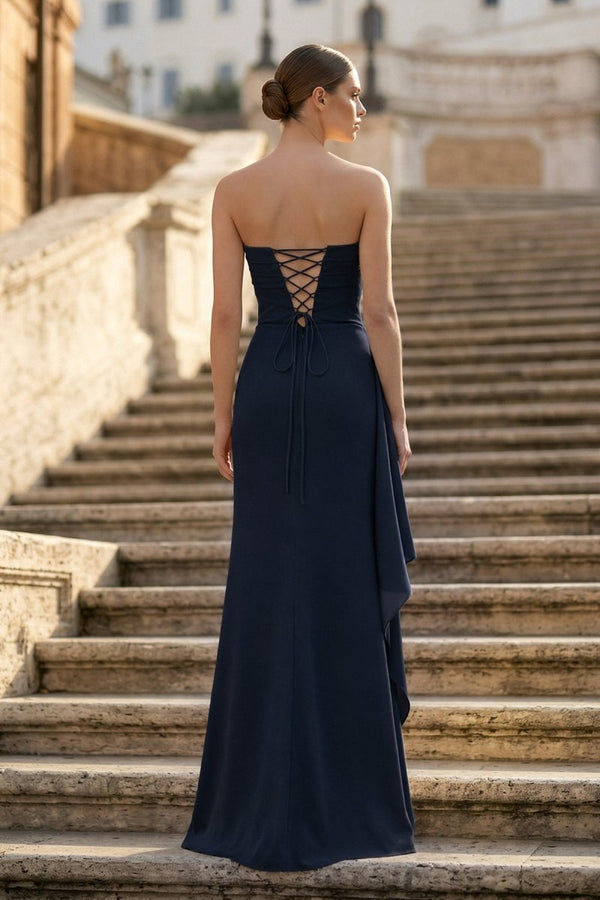 Navy Blue - Mermaid Strapless Satin Pleated Long Prom Dress with Slit - KissProm