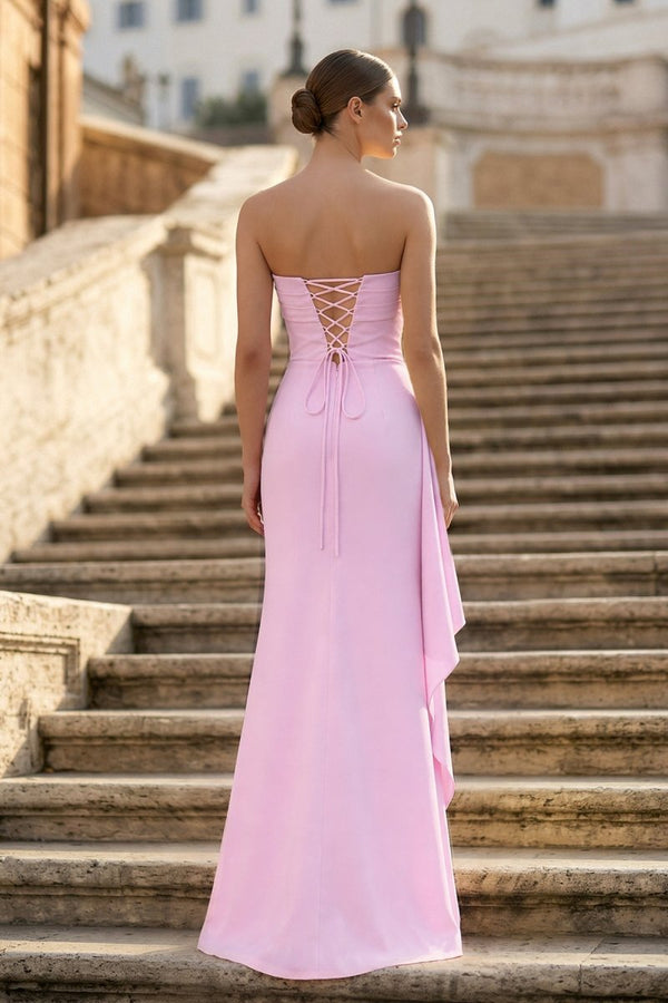 Pink - Mermaid Strapless Satin Pleated Long Prom Dress with Slit - KissProm