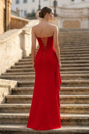 Red - Mermaid Strapless Satin Pleated Long Prom Dress with Slit - KissProm