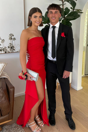 Red - Mermaid Strapless Satin Pleated Long Prom Dress with Slit – Prom Dresses by KissProm | Available at KissProm