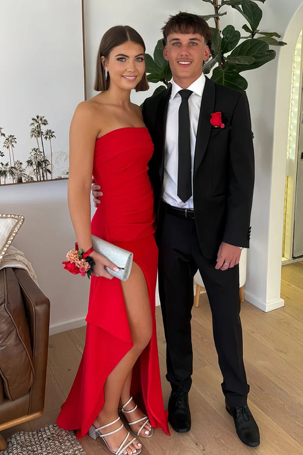 Red - Mermaid Strapless Satin Pleated Long Prom Dress with Slit – Prom Dresses by KissProm | Available at KissProm