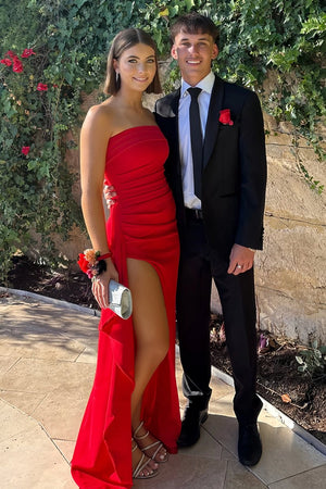 Red - Mermaid Strapless Satin Pleated Long Prom Dress with Slit – Prom Dresses by KissProm | Available at KissProm