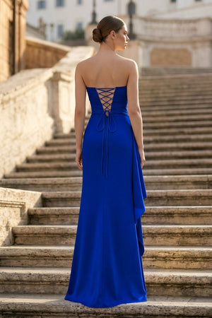 Royal Blue - Mermaid Strapless Satin Pleated Long Prom Dress with Slit - KissProm