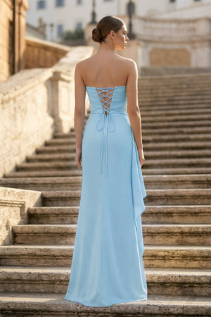 Sky Blue - Mermaid Strapless Satin Pleated Long Prom Dress with Slit - KissProm